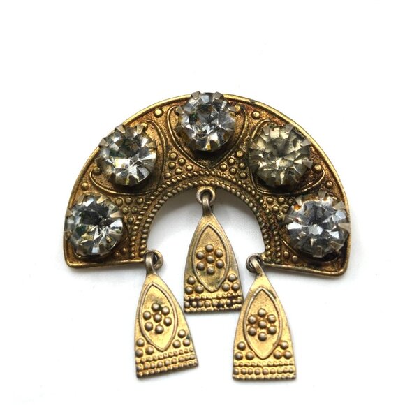 Antique Austro-Hungarian Brass Brooch c.1910 • Sawtooth Settings • Dangles - Picture 5 of 5